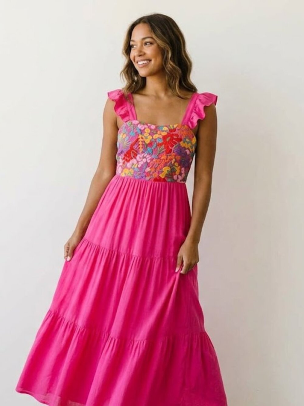 J Marie Bright Pink Maxi Dress with Colorful Floral Bodice